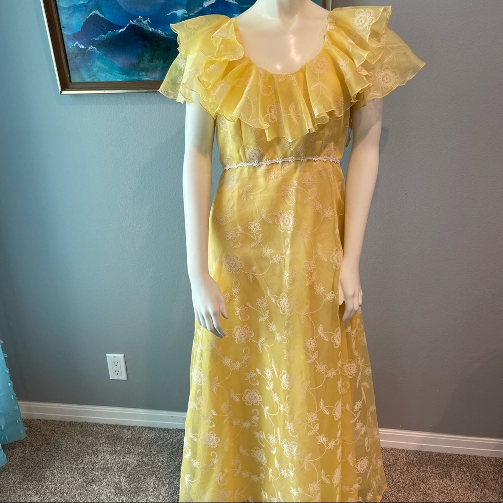 Vintage Sylvia Ann Flocked Daisy Flower Dress Ruffle Maxi 70s Flower Child - Picture 2 of 14